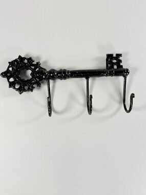 Vintage Cast Iron Skeleton Key Wall Rack 3 Hook Brown Black Rustic